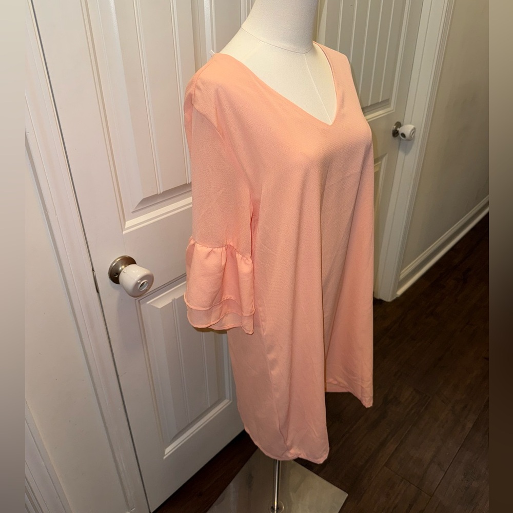 Peach V-Neck Ruffle Sleeve Dress - Picture 3 of 12